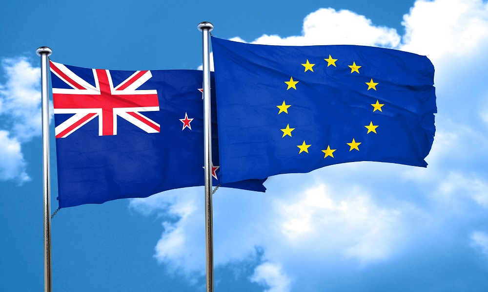 EU and NZ flags. Credit: adobestock